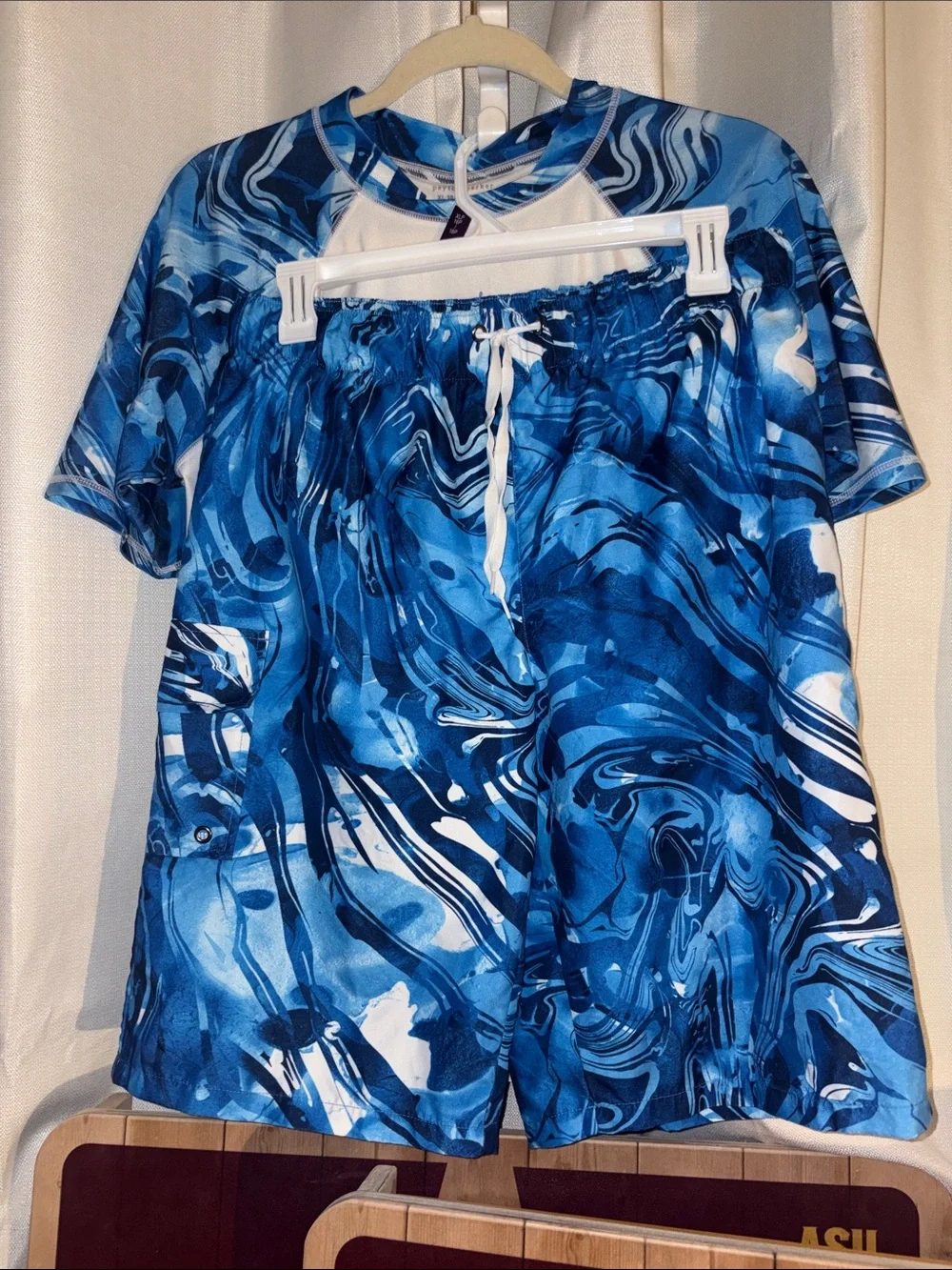 Kids White Rash Guard with Blue Marble Sleeves